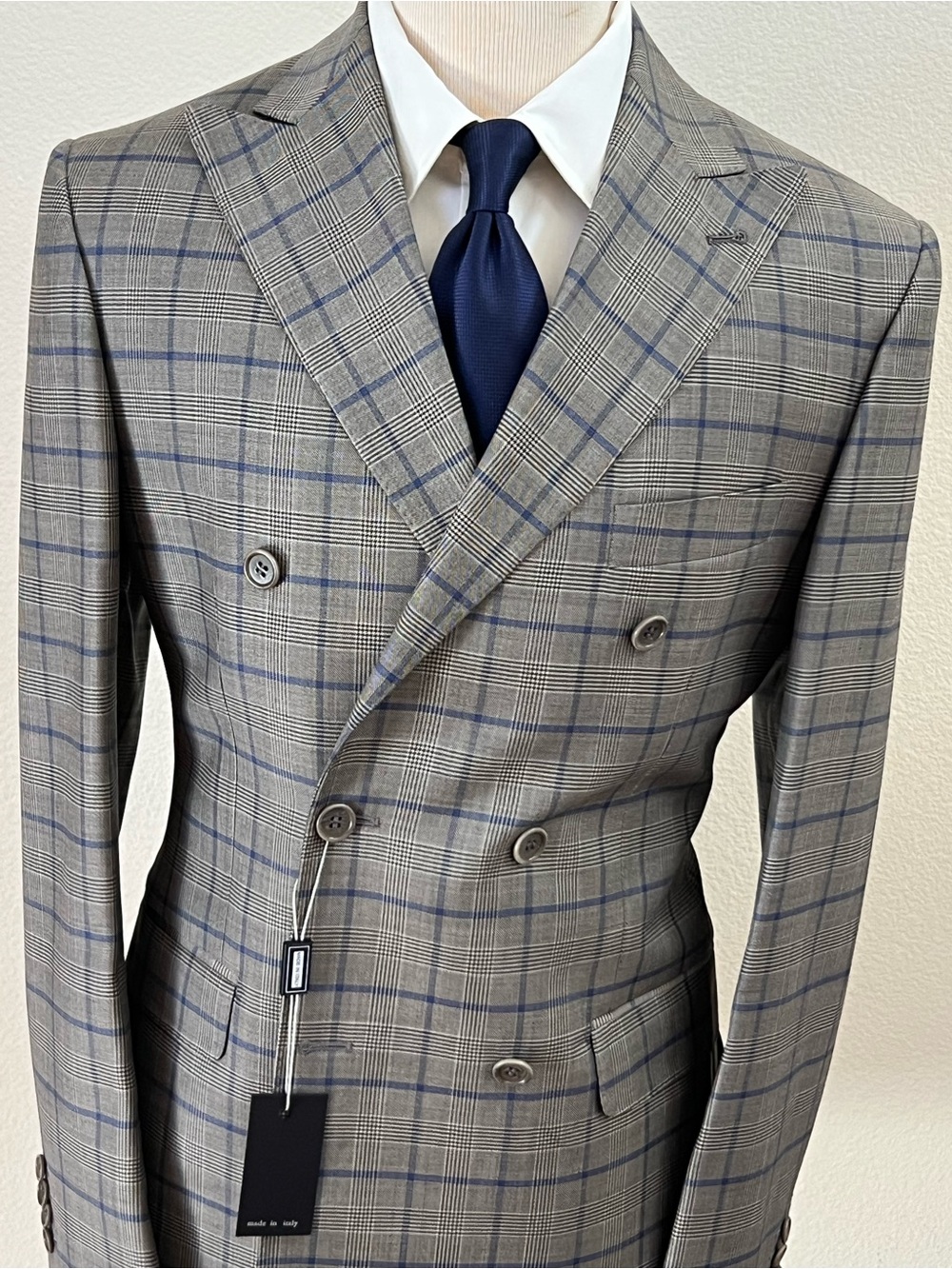 Gray Double-Breasted wool Suit with Blue Windowpane